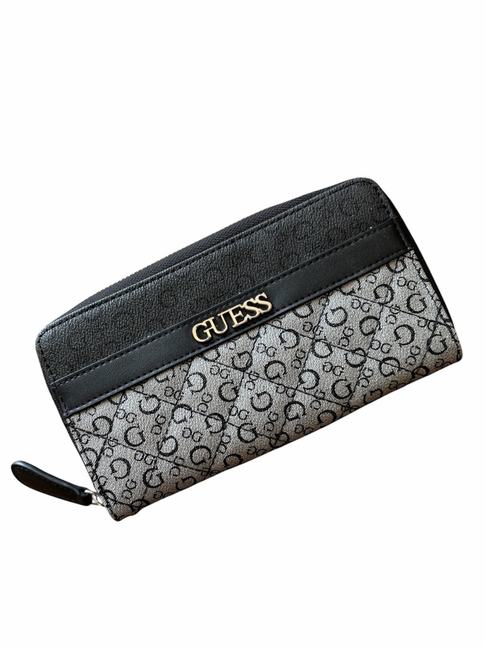 GUESS Monogram Logo Zip Around Wallet Black & Beige Y2K Utility